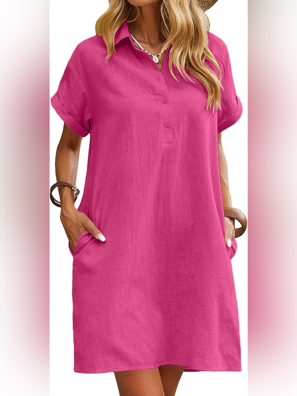 Hot Pink 100% Cotton Collard Shirt Dress XL | Mini Shift with Pockets NWT
